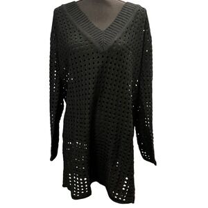 Women Black Crochet V Neck Long Sleeve Beach Cover Up Dress M